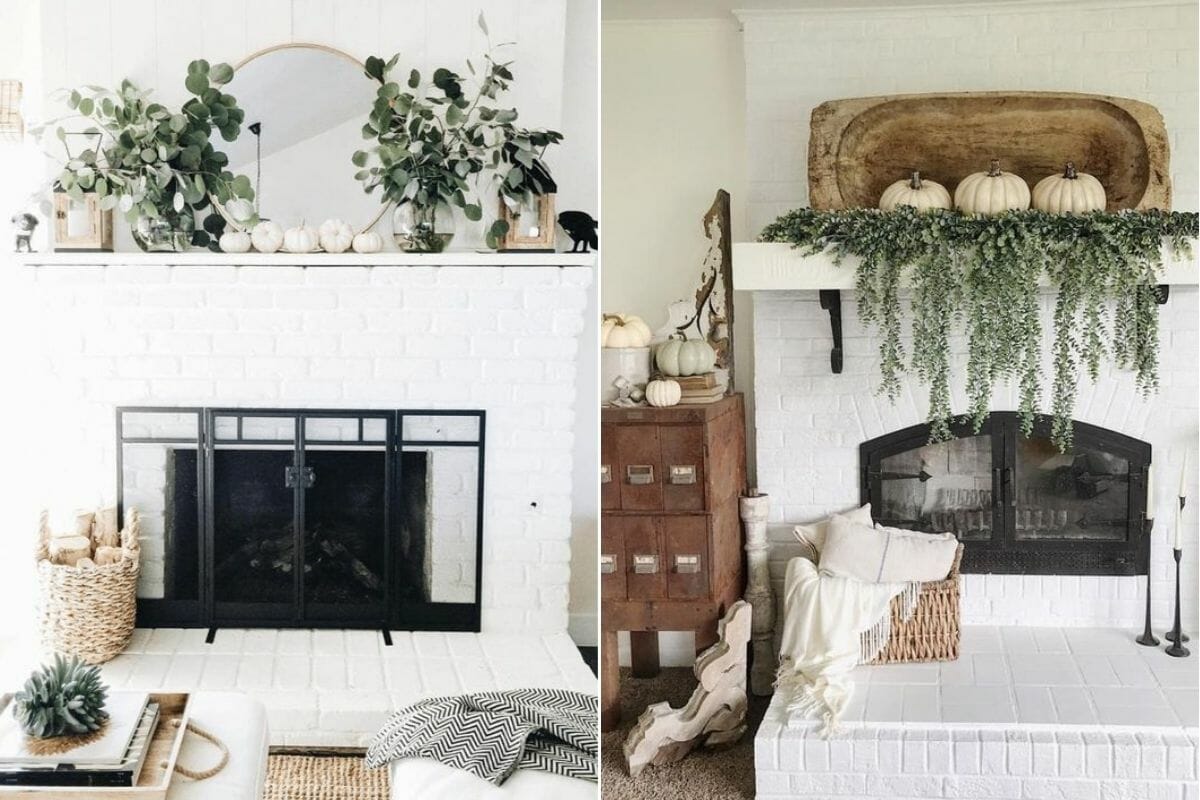 White mantelpieces with white pumpkins and green foliage make it easy to decorate for Thanksgiving