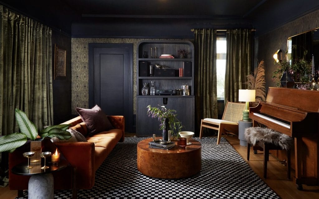 Eclectic moody living room by Bridget Bruce, one of Decorilla's top San Jose interior designers