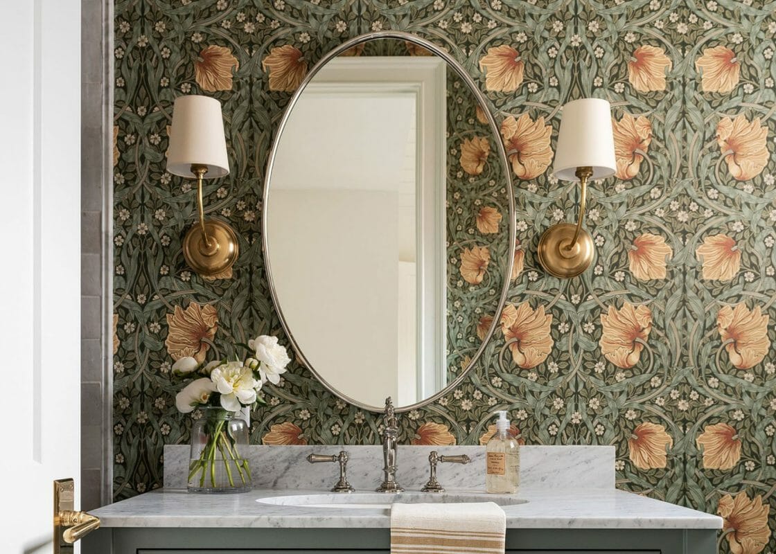 Vintage bathroom with gorgeous wallpaper