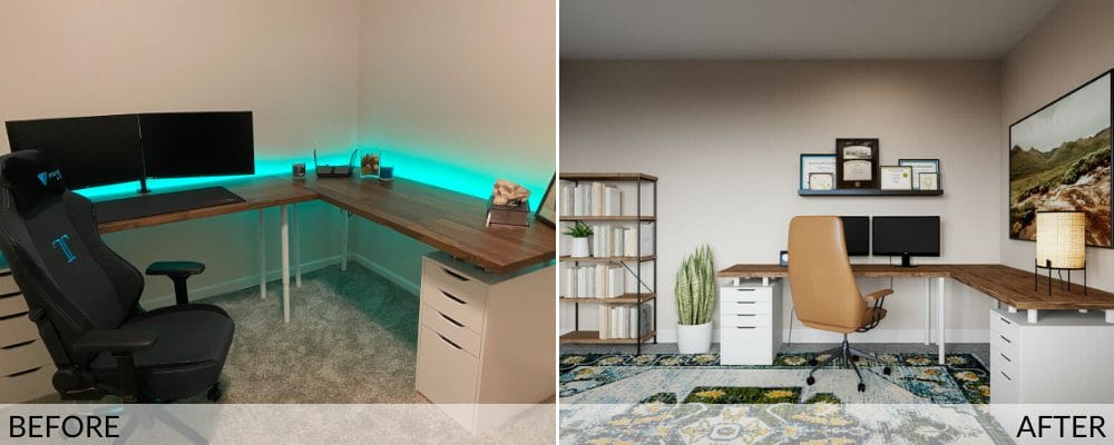 Masculine home office interior before and after by Decorilla