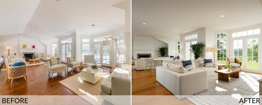 Hamptons-style interior before (left) and after (right) design by Decorilla