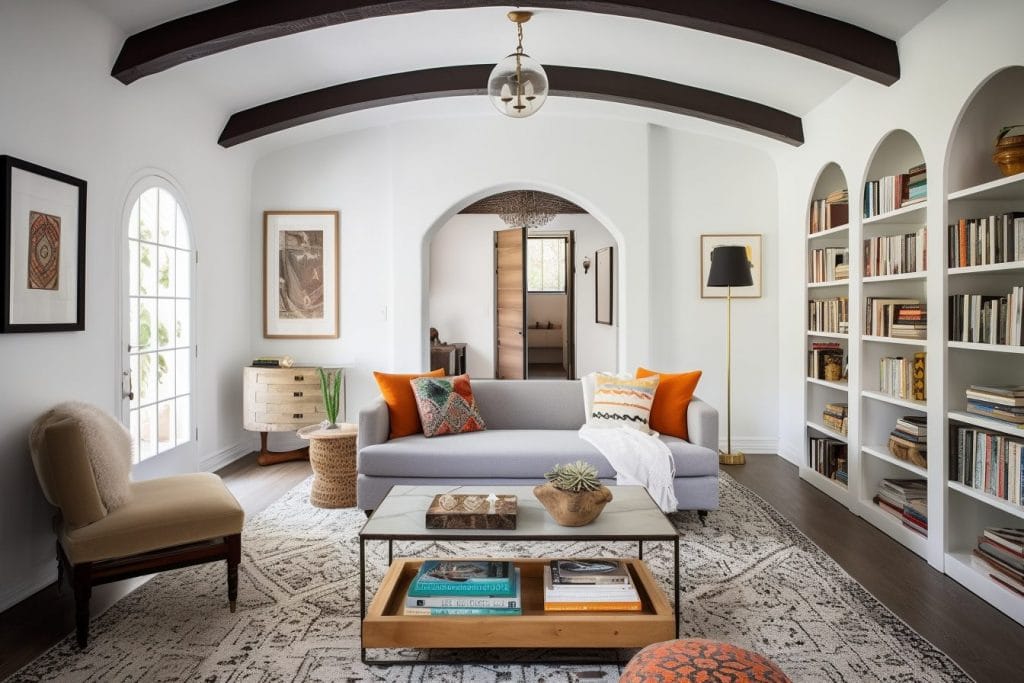 Eclectic traditional home with massive beams by Decorilla