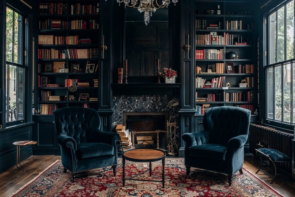 Traditional room setup with a library by Decorilla