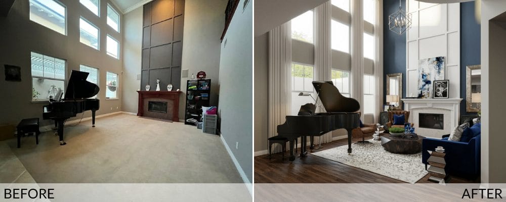 Transitional glam living room before and after by Decorilla