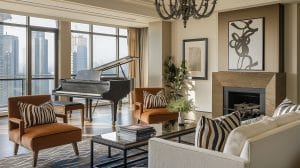 Transitional glam living room with grand piano, before and after by Decorilla