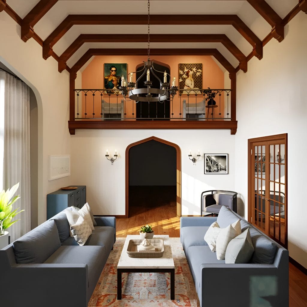 Tudor living room with a balcony - Decorilla 3D rendering