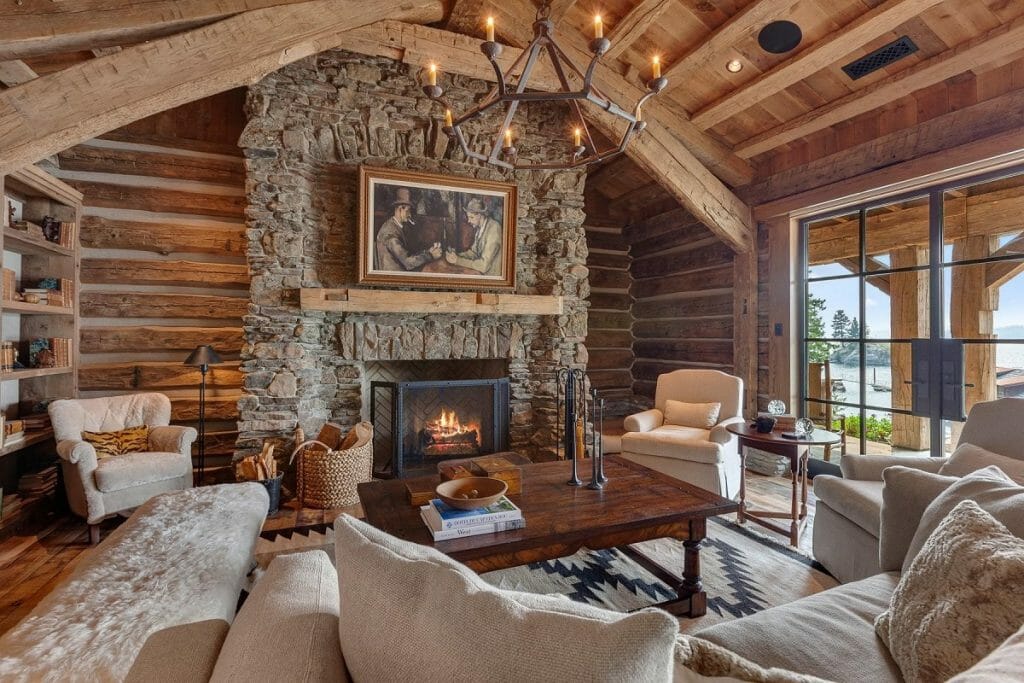 Before & After: Cozy Log Cabin Living Room - Decorilla Online Interior ...