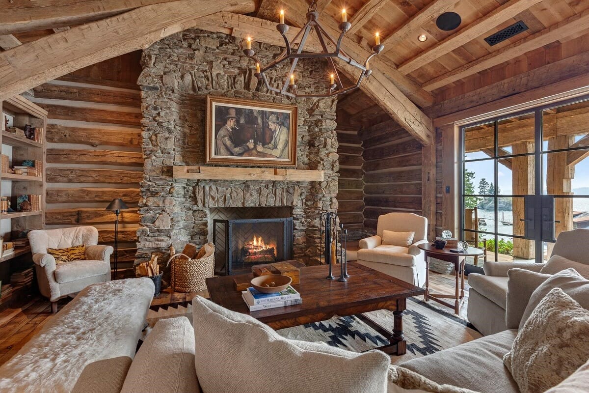 white modern log cabin interior