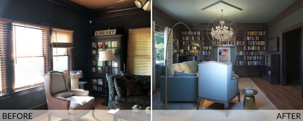 Library interior before and after design by Decorilla