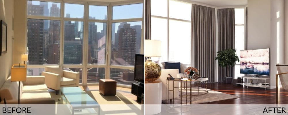 Modern apartment before (left) and after (right) design by Decorilla