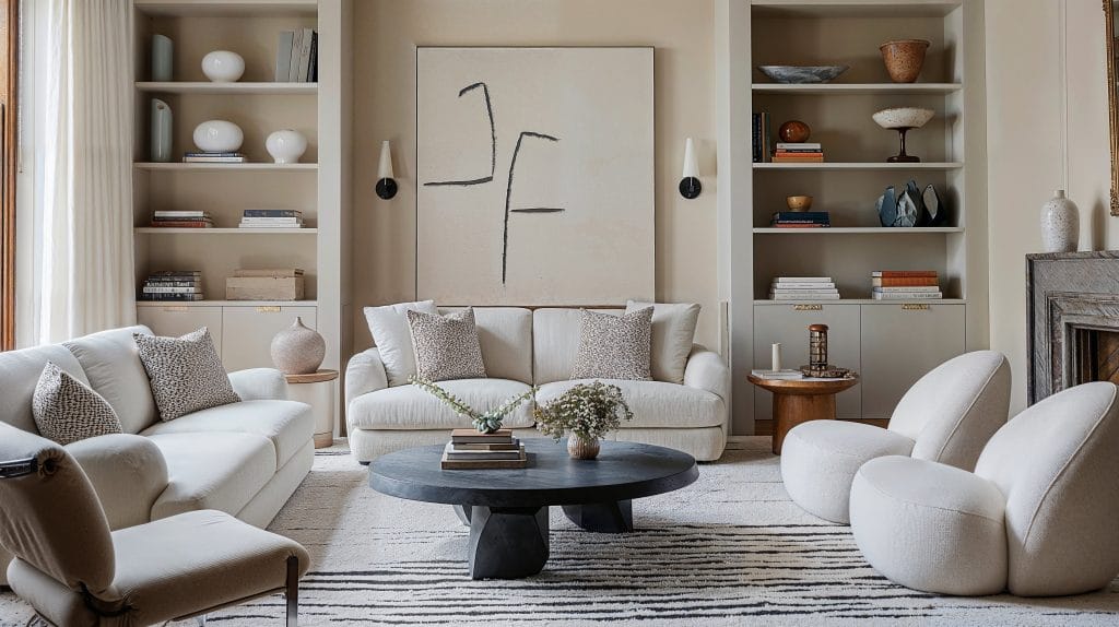 All white furniture in a modern living room by Decorilla