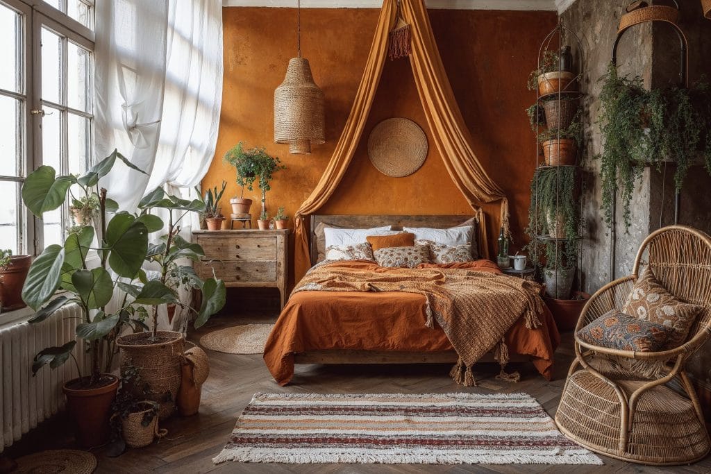 Canopy bed in a biophilic boho bedroom by Decorilla