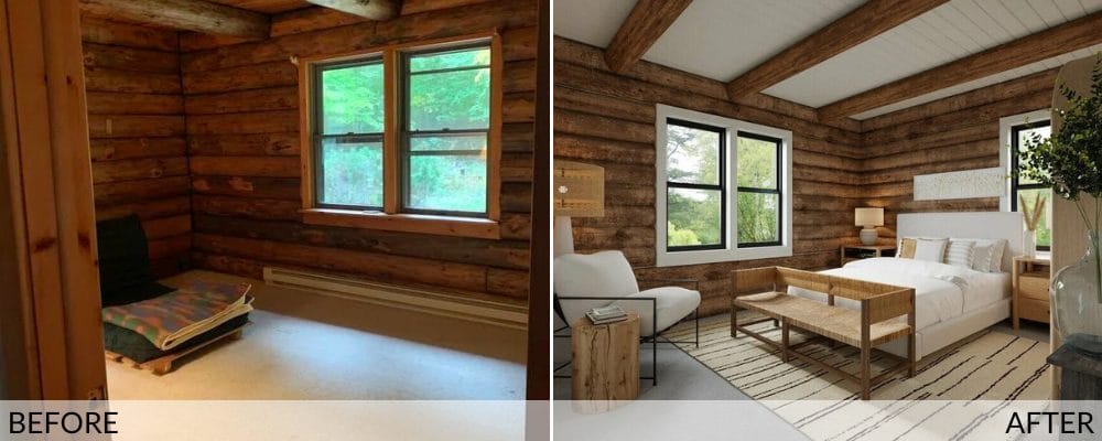 Log cabin modern loft bedroom before (left) and after (right) design by Decorilla