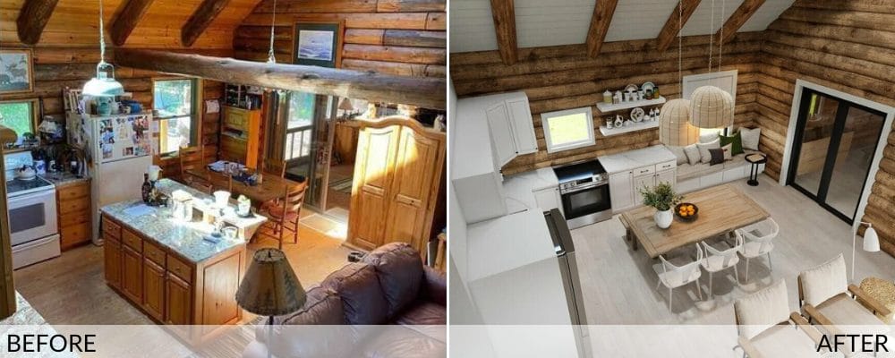 Modern log cabin kitchen before (left) and after (right) design by Decorilla