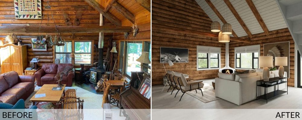 Modern log cabin living room before (left) and after (right) design by Decorilla