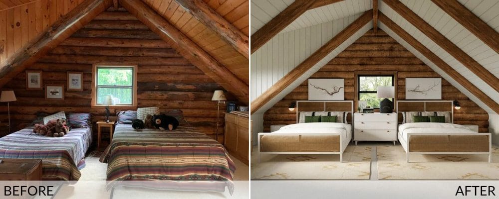 The look of modern log cabin bedrooms before (left) and after (right) design by Decorilla