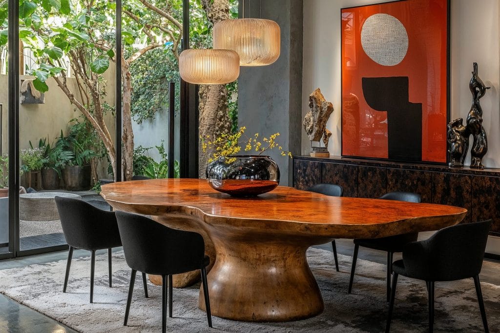 Global influences in an eclectic contemporary dining room by Decorilla