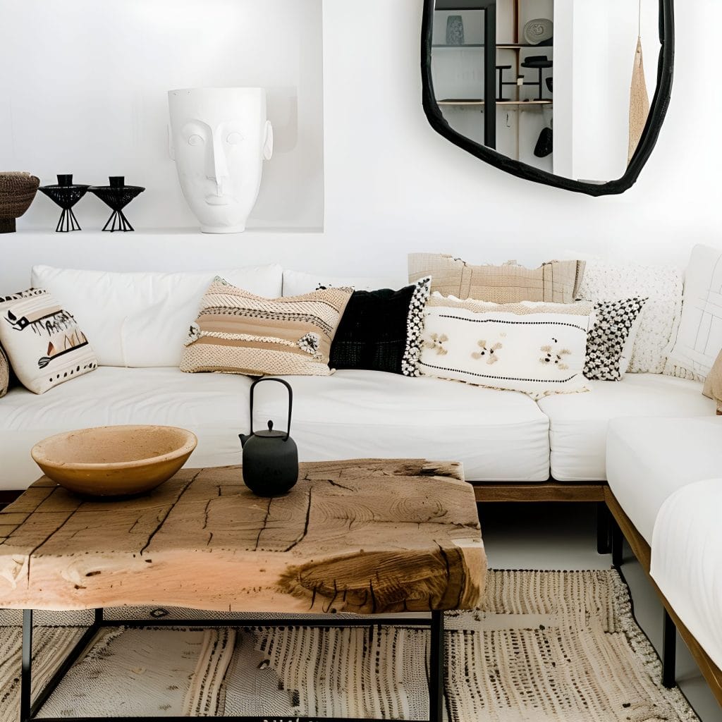 Global-style decor in a boho living room by Decorilla