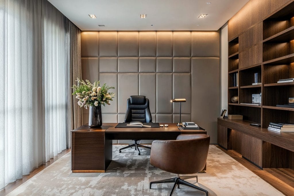 Modern minimalist interior design of a home office, by Decorilla