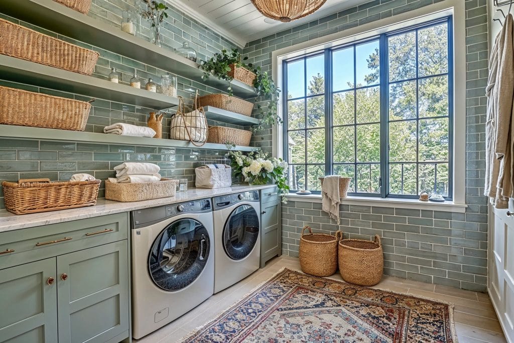 Modern farmhouse laundry room interior design in sage, by Decorilla