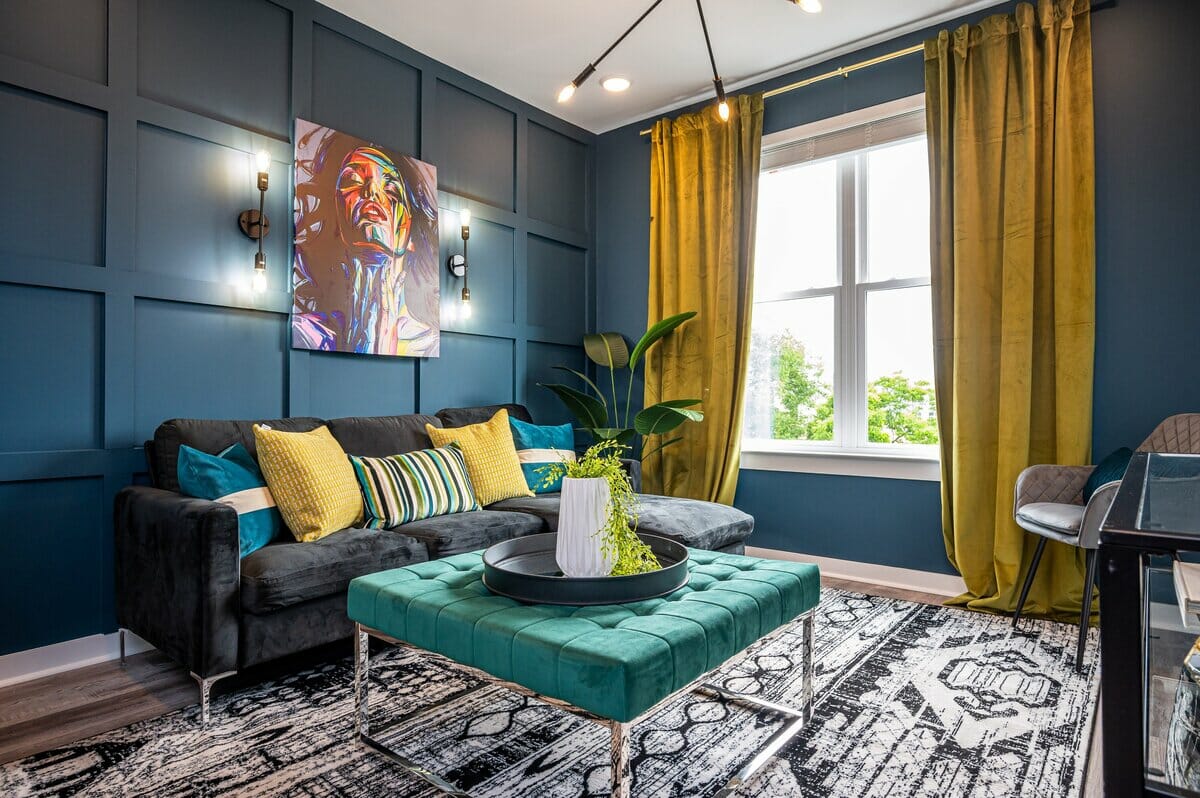 jewel tone blue living room