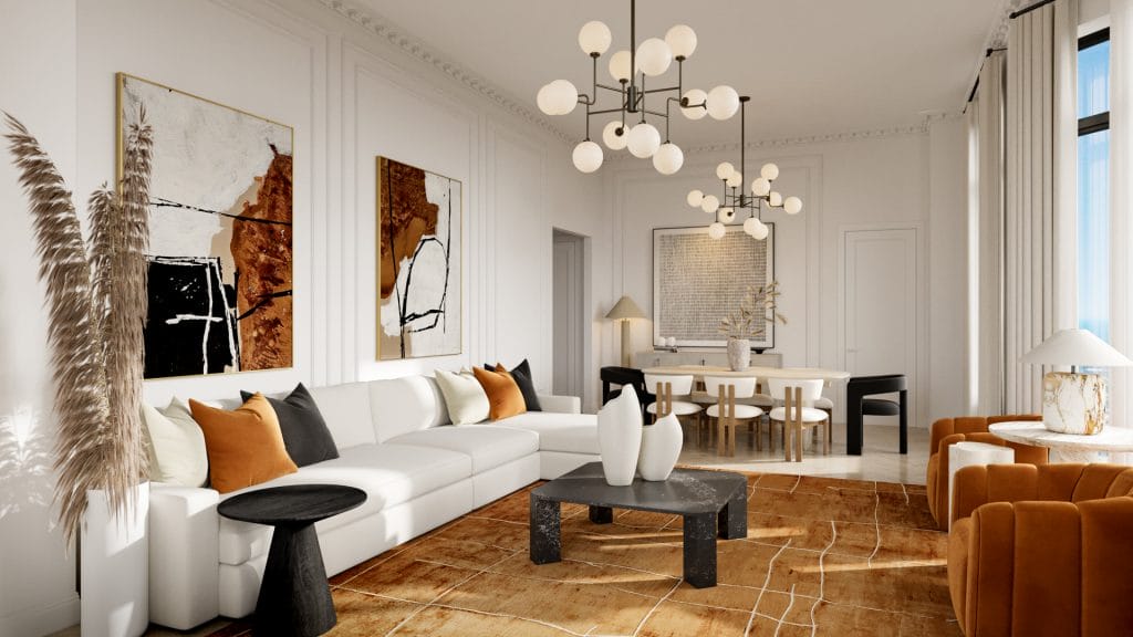 Stylish condo living room makeover by Decorilla designer, Erika F.