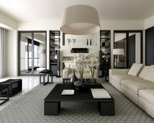 Contemporary Black And White Living Room By NYC Interior Designers Renata P 300x240 