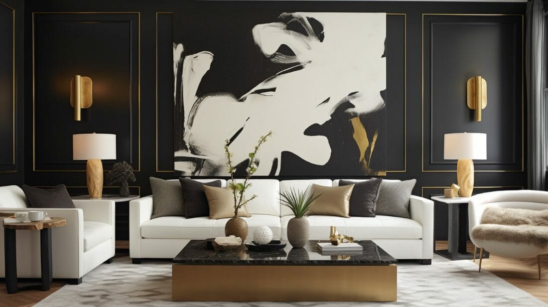 black and white and gold living room