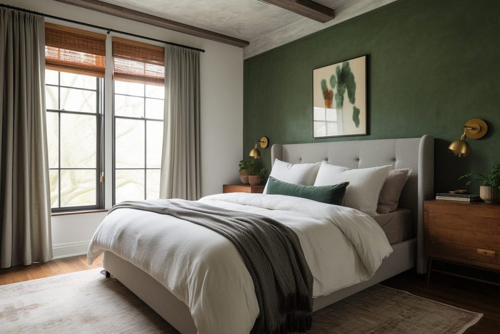 Modern farmhouse bedroom interior decor with a green accent wall, by Decorilla