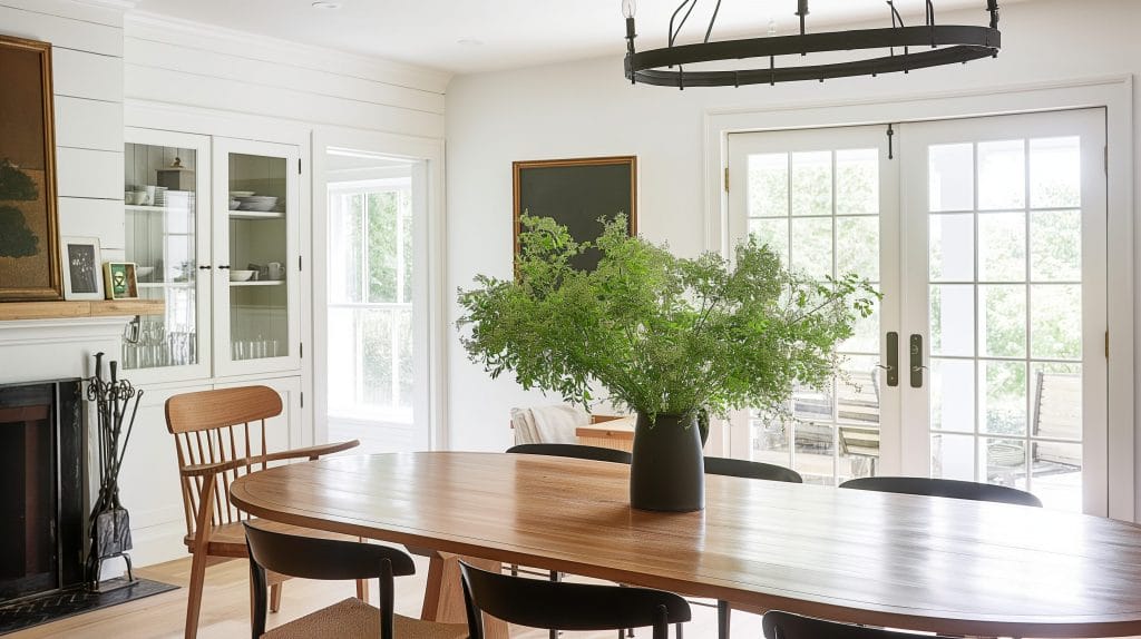 Modern farmhouse decor in a contemporary dining room by Decorilla