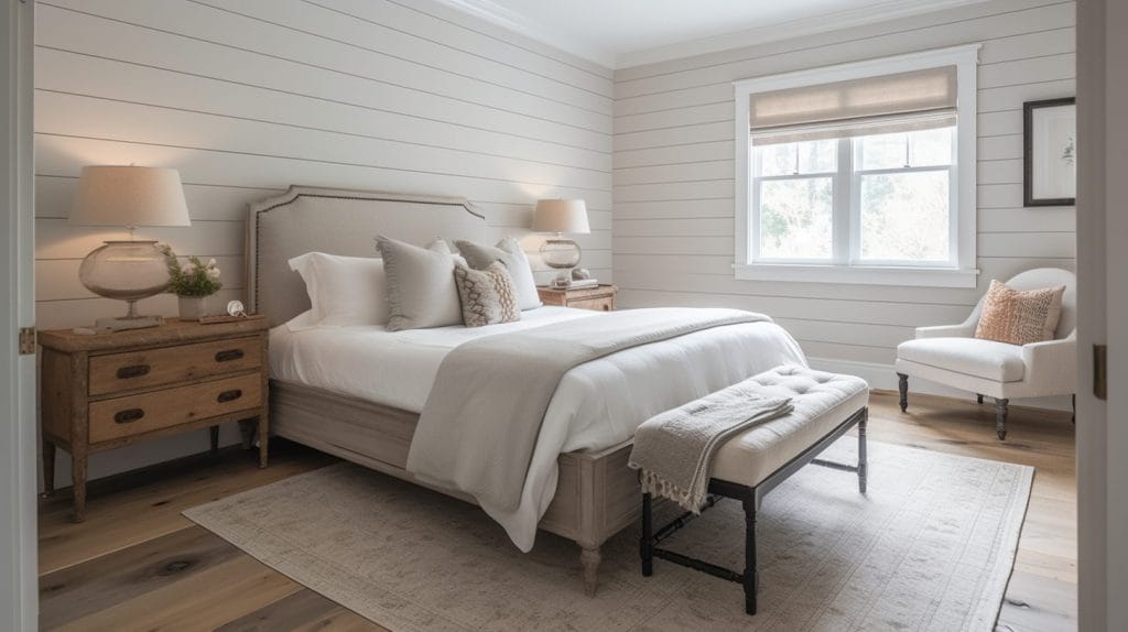 Shiplap walls and modern farmhouse decor in a bedroom by Decorilla