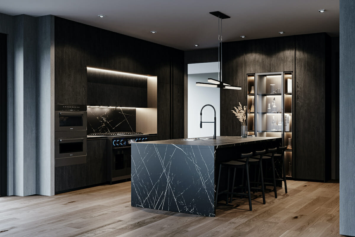 Moody dark kitchen cabinet ideas with marble island and backsplash