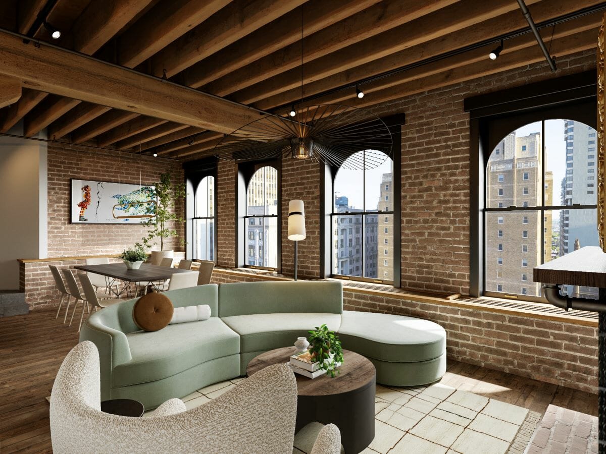 Interior of a trendy urban loft with high ceilings, exposed brick