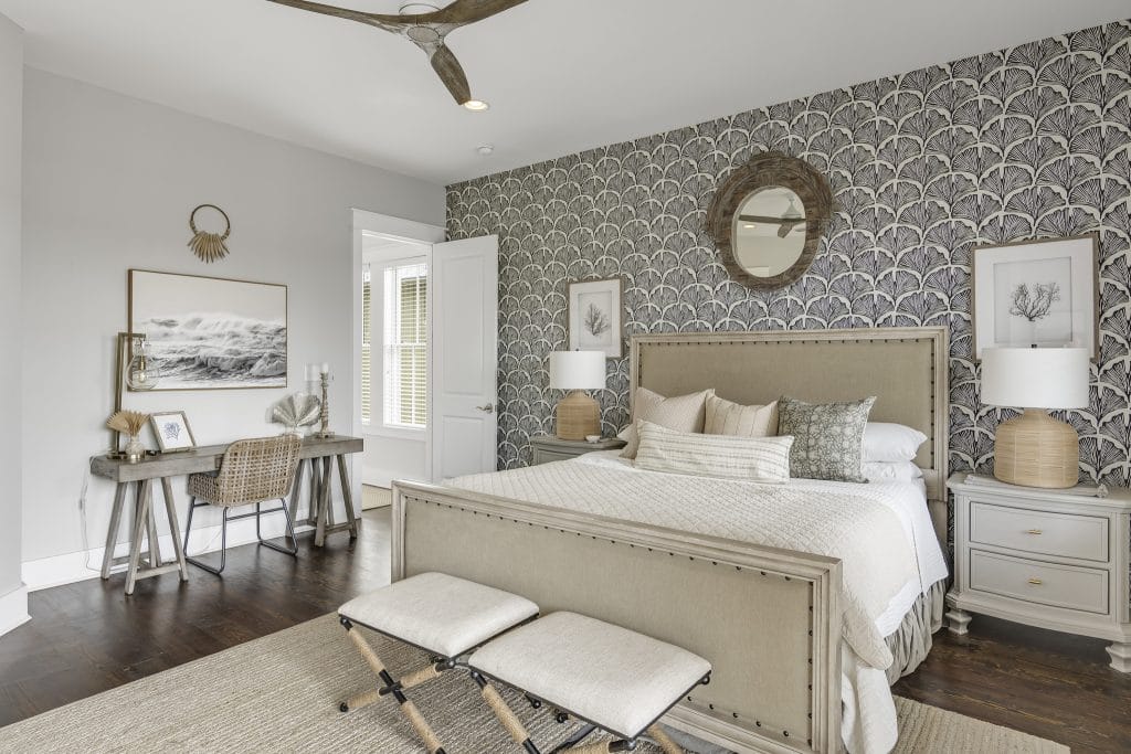 Neutral coastal bedroom design by Decorilla designer Jamie C.