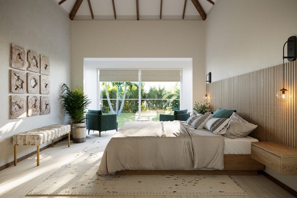 Neutral coastal bedroom design by Decorilla designer Wanda P.