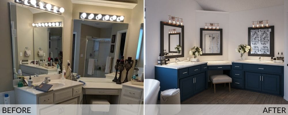 Luxury master bathroom before (left) and after (right) design by Decorilla