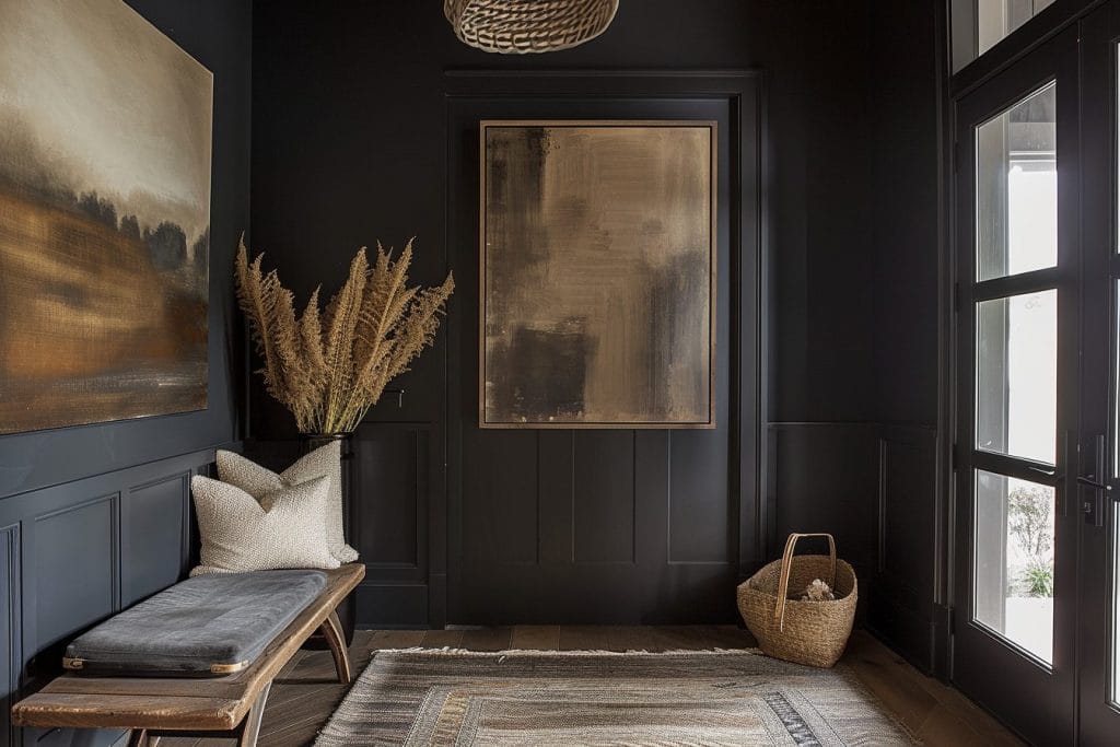 Wabi-sabi interior design flair in a moody hallway by Decorilla