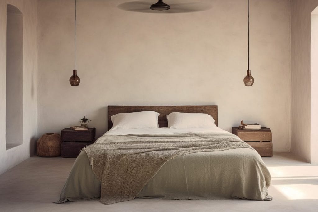 Wabi-sabi interior design in a modern minimalist bedroom by Decorilla