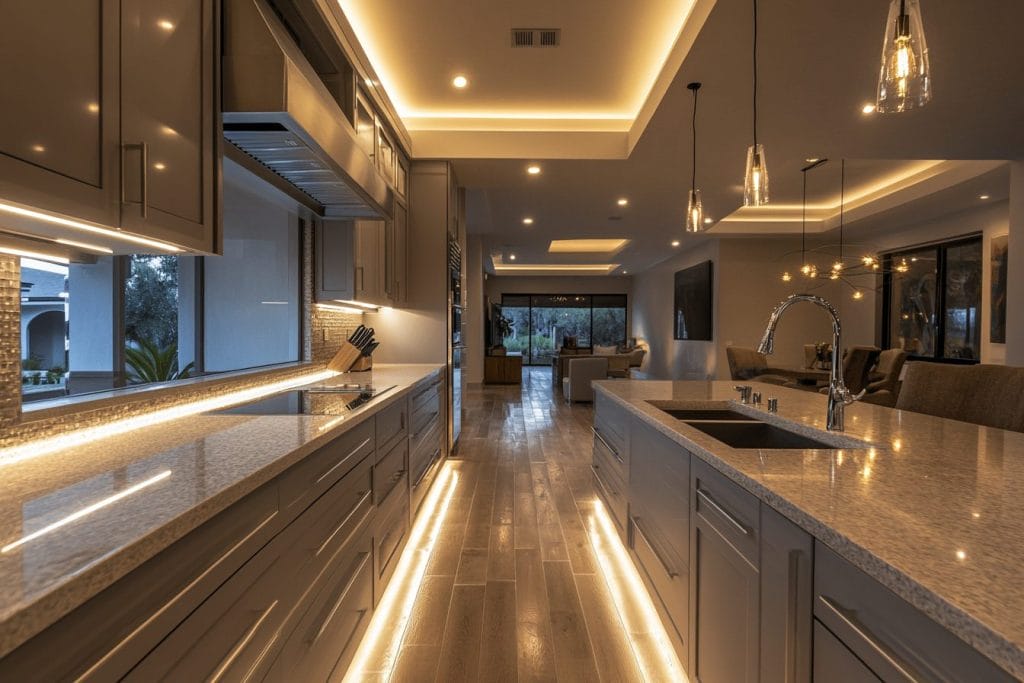 A contemporary kitchen with seamless wood floor tiles, by Decorilla