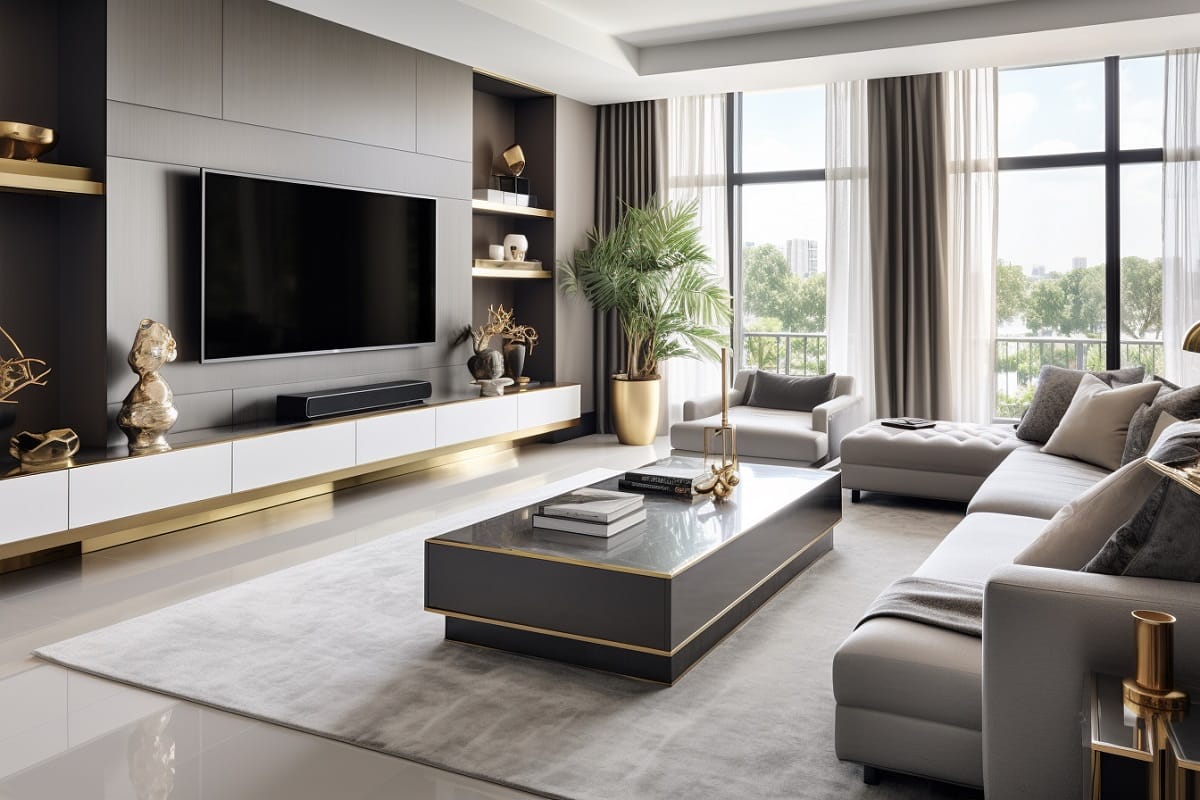 Contemporary Minimalist TV Room with Beige Walls and Black Accents