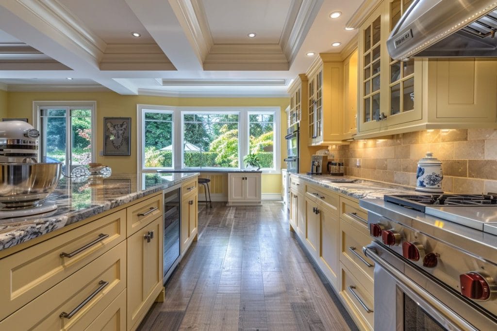 A luxurious butter yellow kitchen with professional appliances, by Decorilla