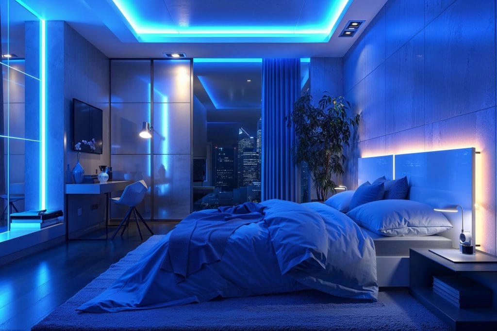 Blue LED lights in a modern bedroom interior design by Decorilla