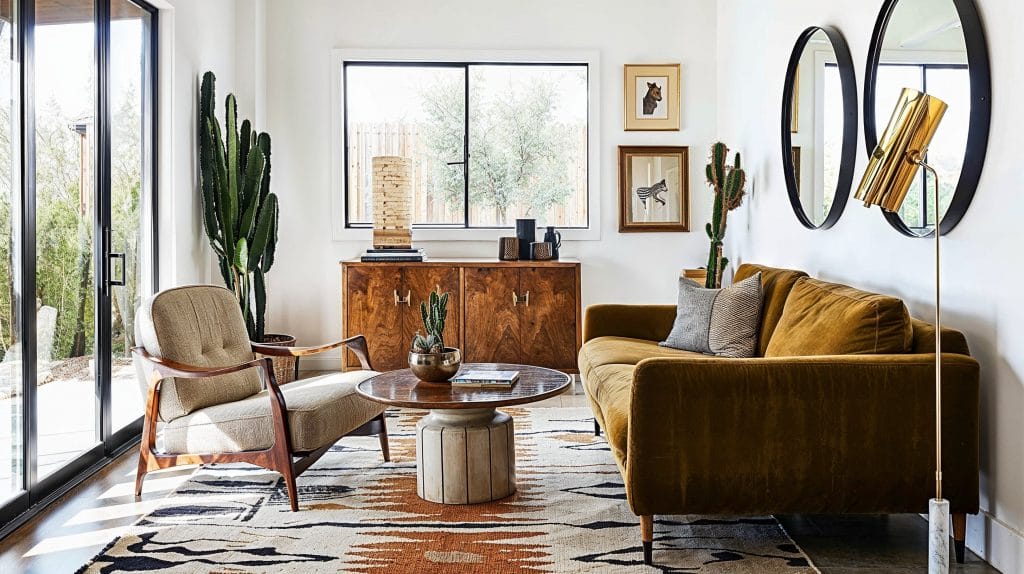 Mid-century modern style staples in a living room by Decorilla