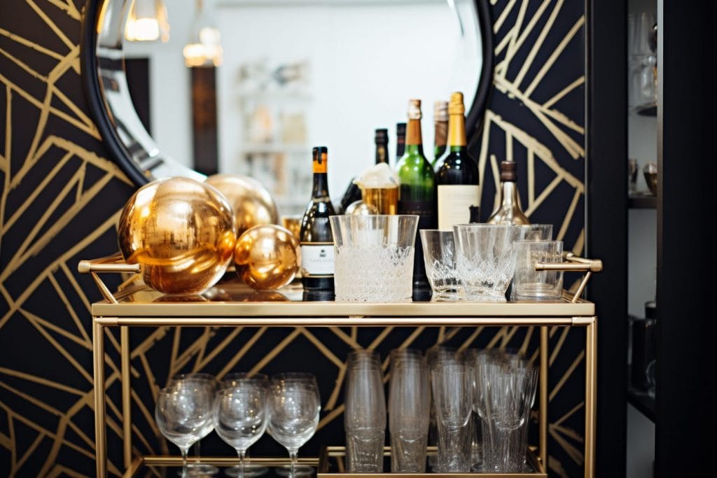 Mini wine bar cart in a living room by Decorilla