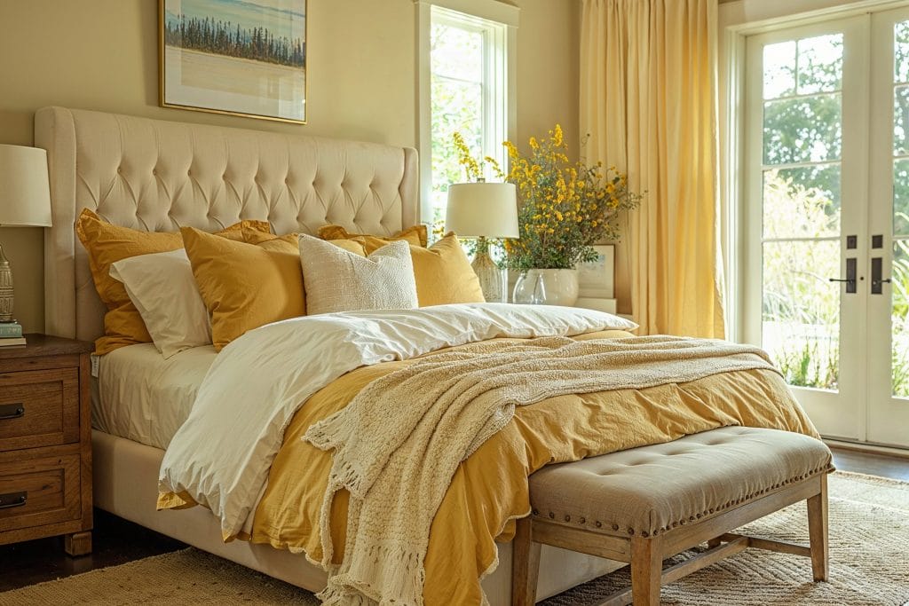 Serene traditional butter yellow bedroom design by Decorilla