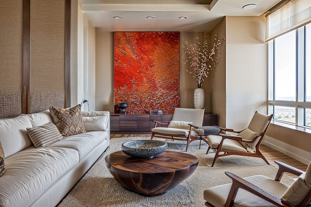 Art in interior design promoting texture galore, living room design by Decorilla