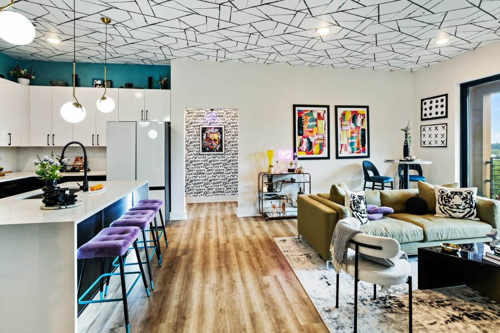 Bold open-concept living interior by Decorilla designer Marve McClain