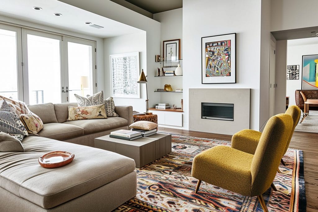 How to choose art for your home to emphasize urban vibes like in a living room by Decorilla