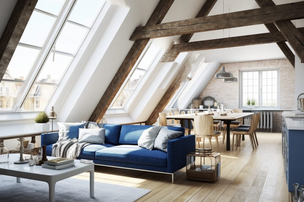Loft interior design with high ceilings and exposed beams by Decorilla