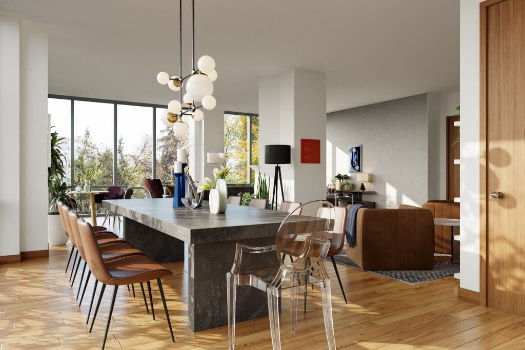 Modern contemporary dining table and chairs in a layout by Decorilla